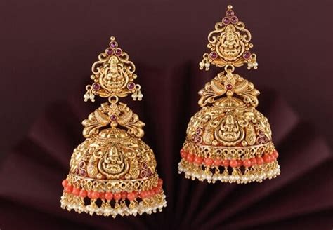 Gold Lakshmi Jhumkas With Coral Beads Fashionworldhub