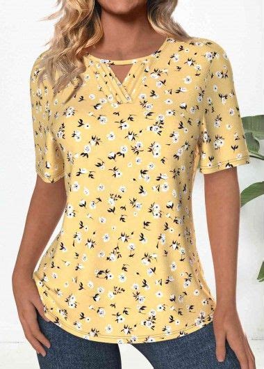 Light Yellow Tuck Stitch Ditsy Floral Print T Shirt Modlily Usd