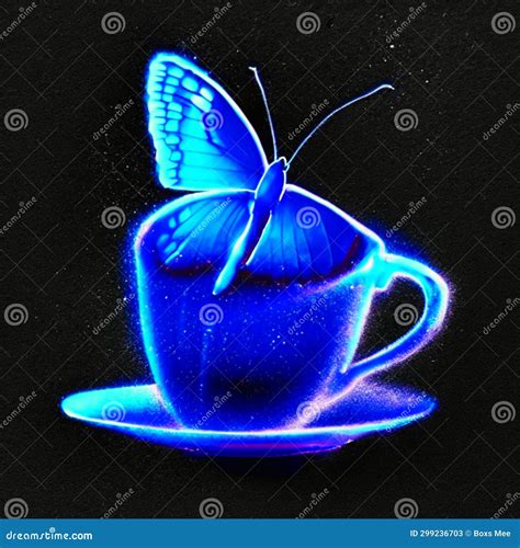 Blue Butterfly On A Blue Cup Of Coffee On A Black Background Ai