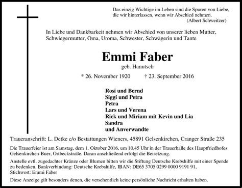 Traueranzeigen Von Emmi Faber Trauer In Nrw De