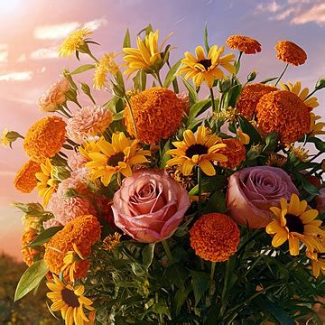 A Sunset Bouquet With Marigolds Sunflowers And Roses Background Floral