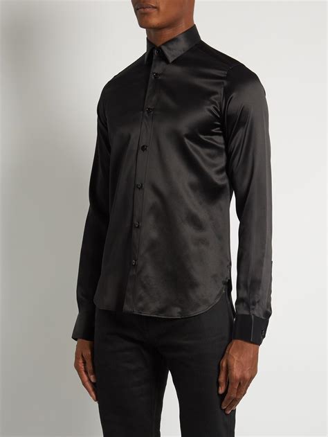 Saint Laurent Point Collar Silk Satin Shirt In Black For Men Lyst