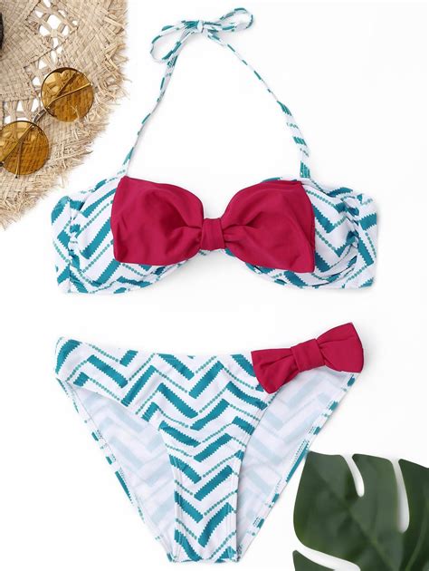 Off Bowknot Strapless Bikini Set In Light Blue Zaful