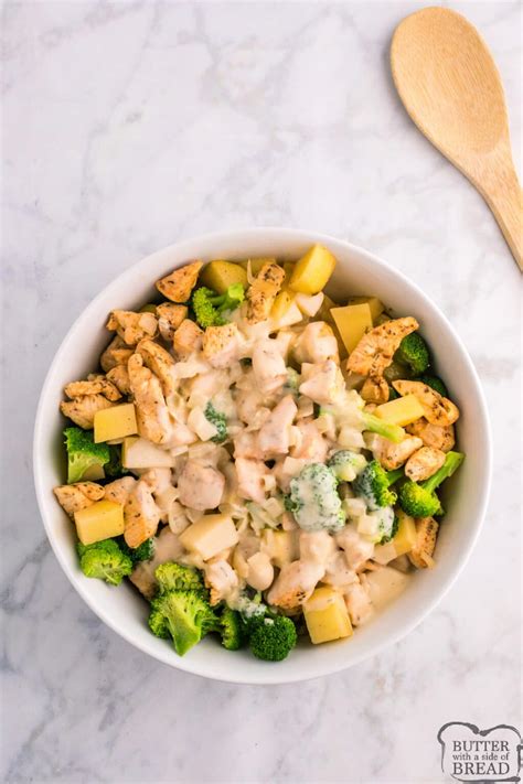 Chicken Broccoli Potato Casserole Butter With A Side Of Bread