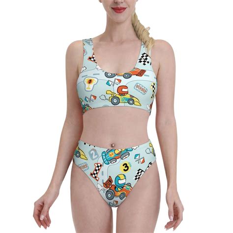 Lukts Women High Waisted Bikini Set Cartoon Car Racing Swimsuit 2 Piece