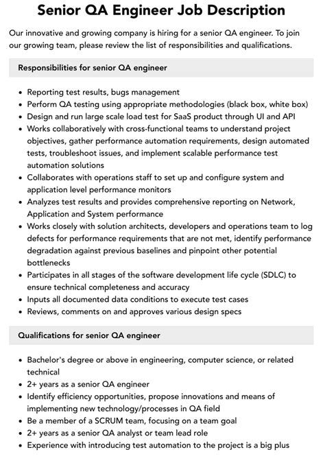 Senior Qa Engineer Job Description Velvet Jobs