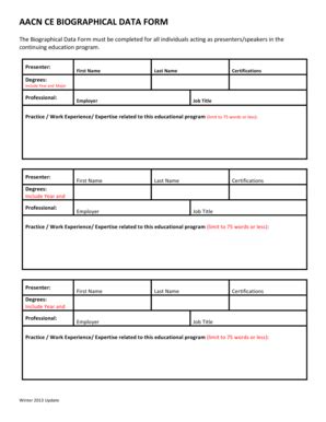 Fillable Online Aacn Ce Biographical Data Form Fax Email Print Pdffiller