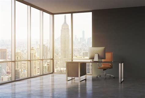 A Workplace In A Modern Corner Panoramic Office With Sunset New York ...