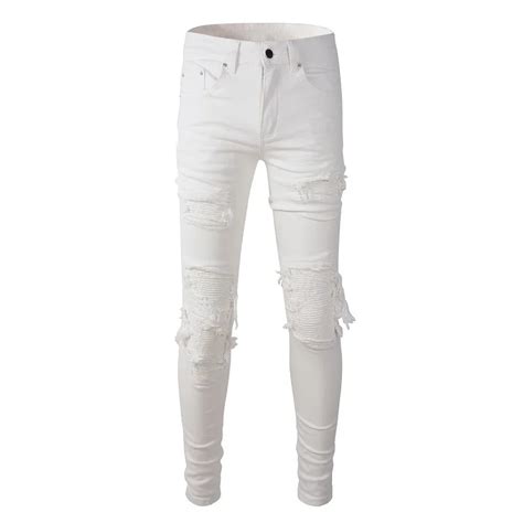 Sokotoo Men S White Stretch Ripped Biker Jeans Slim Skinny Pleated