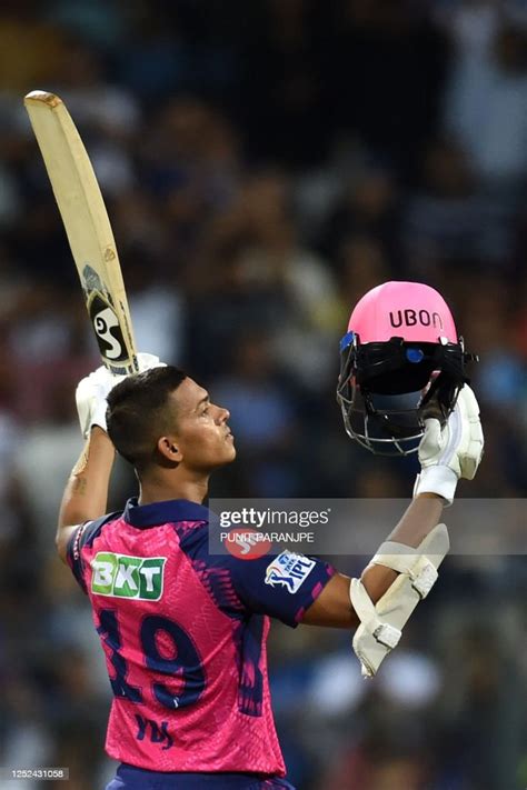 Rajasthan Royals' Yashasvi Jaiswal celebrates after scoring a century ...