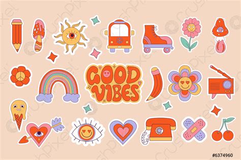 Nostalgia 70s stickers Set of Retro groovy elements, cute cartoon ...