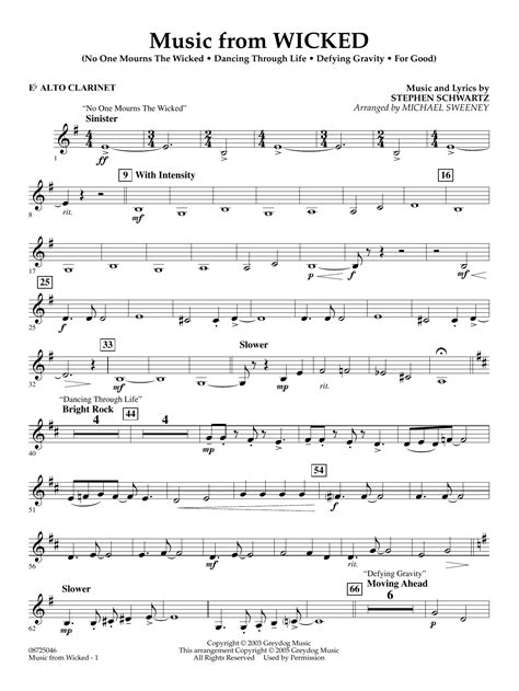 Music From Wicked Arr Michael Sweeney Eb Alto Clarinet By Stephen Schwartz Sheet Music For