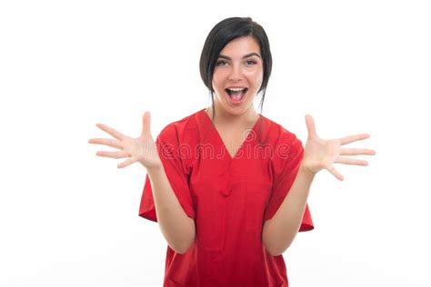 Portrait of Young Attractive Female Nurse Making Happy Gesture Stock ...