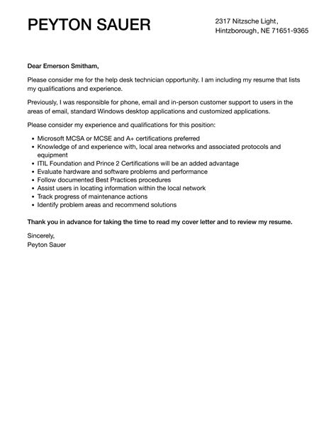 Help Desk Technician Cover Letter Velvet Jobs