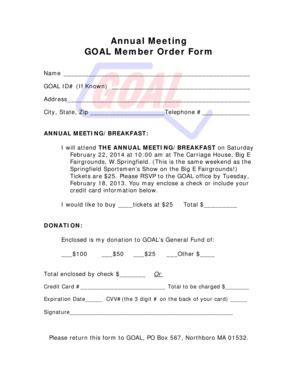 Fillable Online Goal Annual Meeting Goal Member Order Form Goal Fax