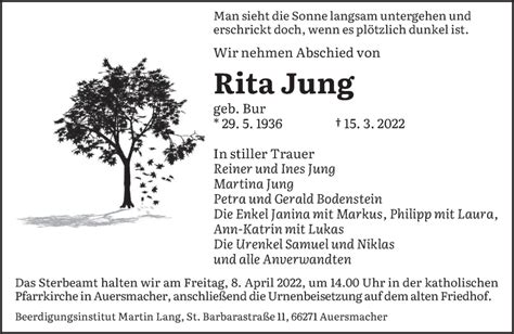 Traueranzeigen Von Rita Jung Saarbruecker Zeitung Trauer De