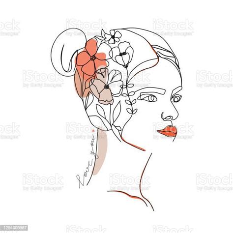 Trendy Abstract One Line Woman Face With Flowers Leaves And Stylish