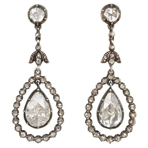 Dutch 1920s Antique Style Rose Diamond Pendant Earrings With Pear Shaped Drops For Sale At 1stdibs