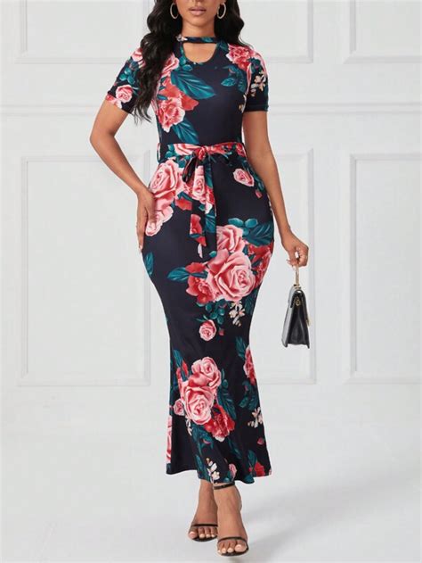 Shein Lady Floral Print Keyhole Neckline Belted Mermaid Hem Dress