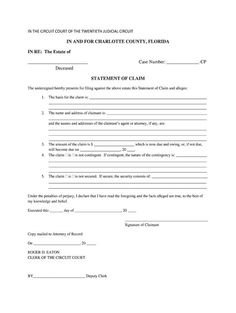 Fillable Online Probate Statement Of Claim Form Probate Statement Of