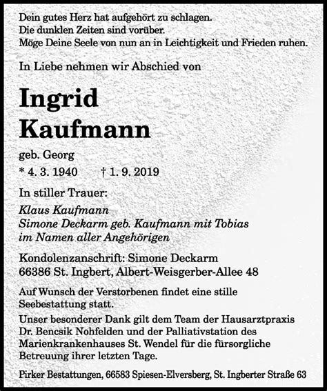 Traueranzeigen Von Ingrid Kaufmann Rz Trauer De