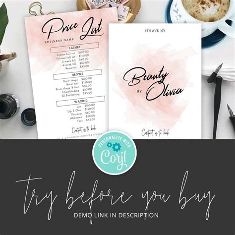 Pink Watercolor Editable Price List Instant Printable Menu Etsy