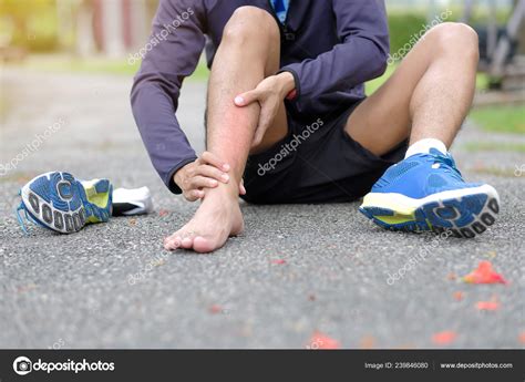 Young Fitness Man Holding His Sports Leg Injury Muscle Painful — Stock ...