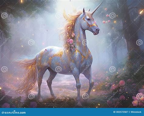 Majestic White Unicorn Stands In A Serene Magical Forest Ai Generated