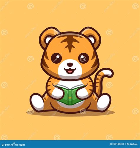 Tiger Sitting Reading Book Cute Creative Kawaii Cartoon Mascot Logo Stock Illustration