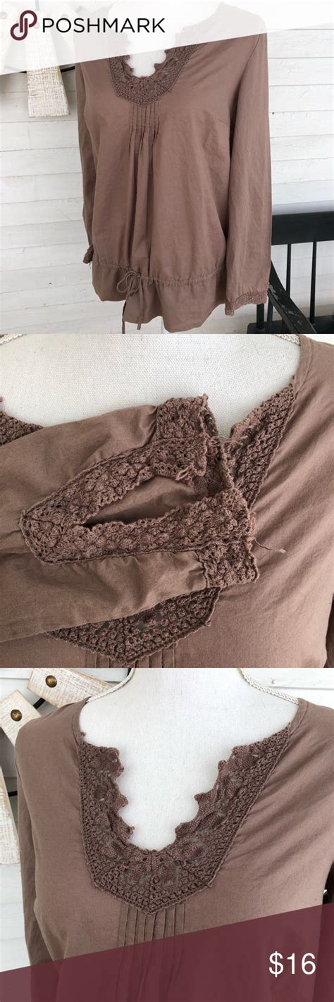 Brown Boho Peasant Tunic Top Cute Brown Peasant Top With Boho Lace Pleated Front And Back