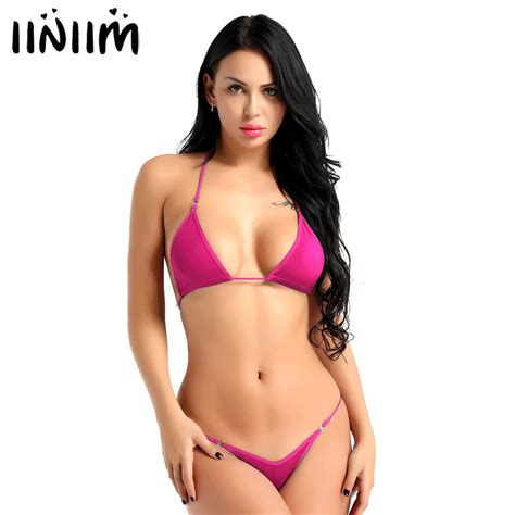 Iiniim Womens Lingerie Bikinis Set Solid Color Halterneck Mini Micro