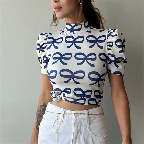 Blusa La O Azul B Sica Feminina Gola Alta Manga Princesa Bufante Malha