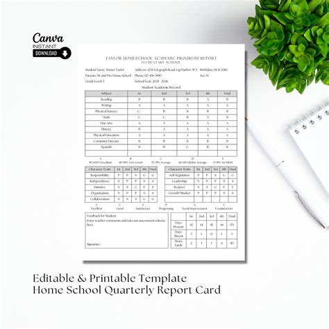 Editable Homeschool Report Card Template: Fillable Academic Record