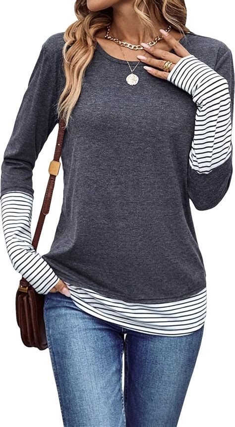 Cozyease Women S Striped Print Crewneck Long Sleeve Tee Casual Basic