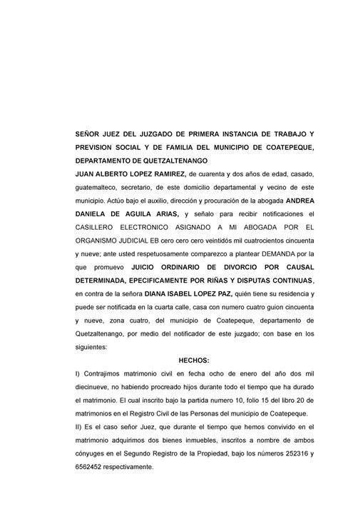 Demanda Civil Divorcio SeÑor Juez Del Juzgado De Primera Instancia De