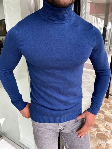 Blue Slim Fit Turtleneck Sweater For Men By Fitted Turtleneck Turtle Neck Sweaters