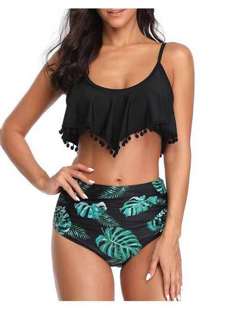 Buy Tempt Me Women Two Piece High Waisted Flounce Bikini Set Pom Pom