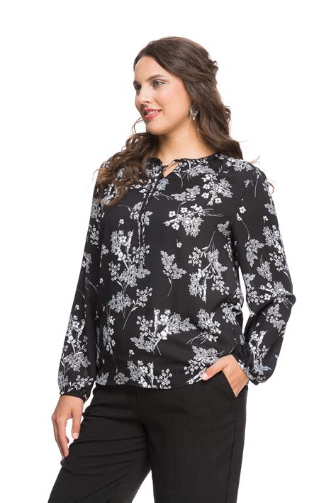 Feminine Black And White Floral Print White Long Sleeve Blouse Long