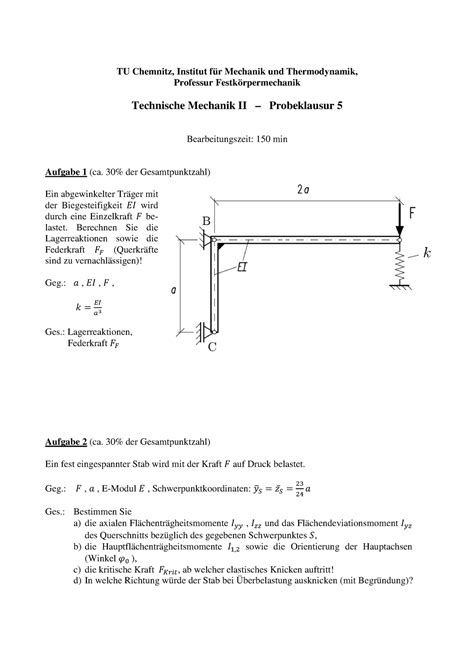 TM II Probeklausur TU Chemnitz Institut für Mechanik und