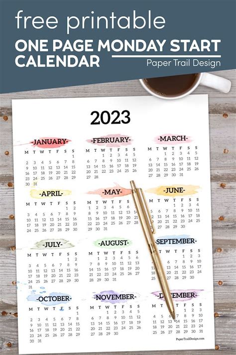 Monday Start Calendar One Page Paper Trail Design Paper Trail