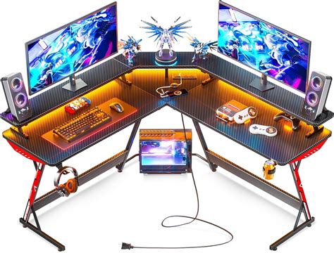 Motpk L Shaped Gaming Desk With Led Lights Power Outlet Computer