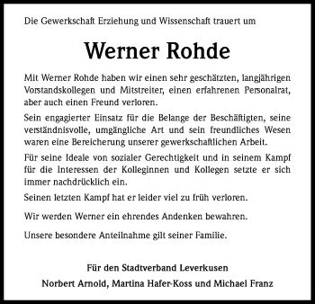 Traueranzeigen Von Werner Rohde WirTrauern