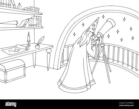 Astrologer Astronomer Interior Graphic Black White Sketch Illustration