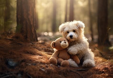 Premium Photo A Dog Holding A Teddy Bear