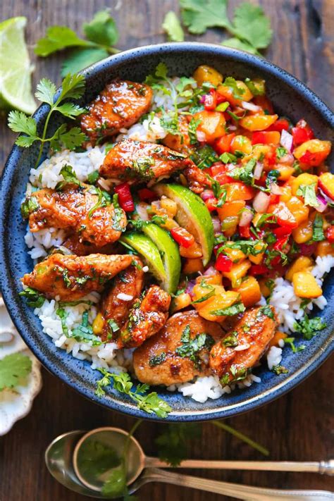 Cilantro Lime Chicken Bowls With Peach Salsa And Rice In A Blue Bowl In 2024 Healthy Bowls