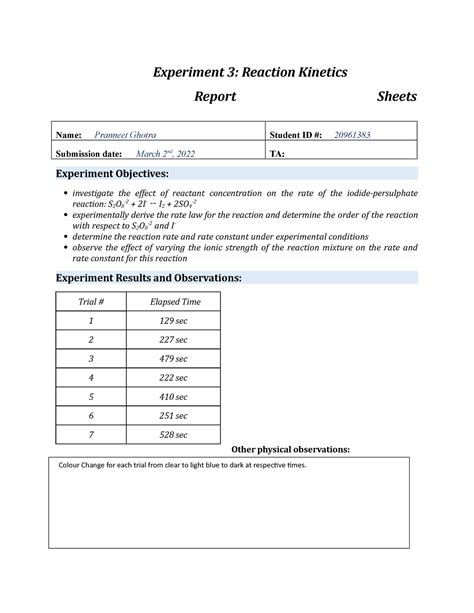 Ex Reaction Kinetics Report Template Experiment Reaction Kinetics