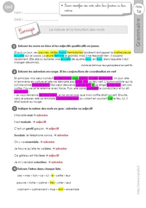 CM2 EXERCICES Nature Et Fonction Des Mots