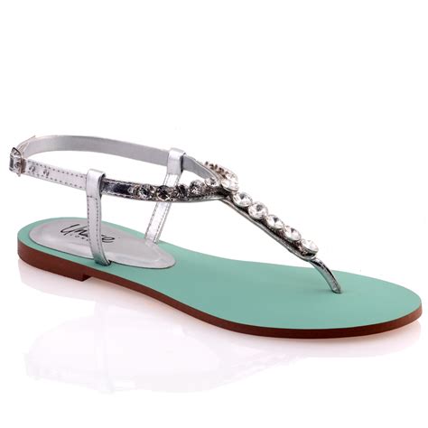 Unze Womens Glida Embellished Flat Sandals Uk Size 3 8 Silver Ebay