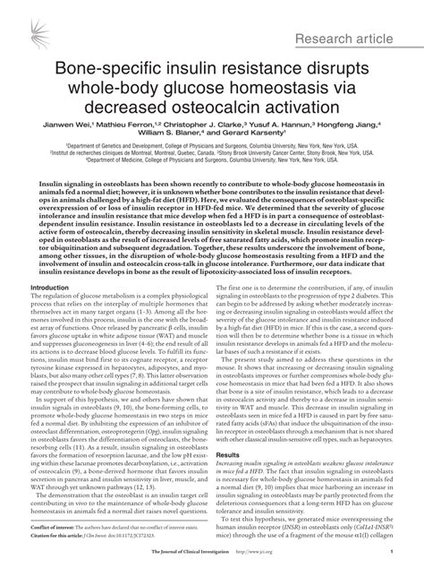 Pdf Bone Specific Insulin Resistance Disrupts Whole Body Glucose