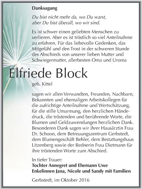 Traueranzeigen Von Elfriede Block Abschied Nehmen De